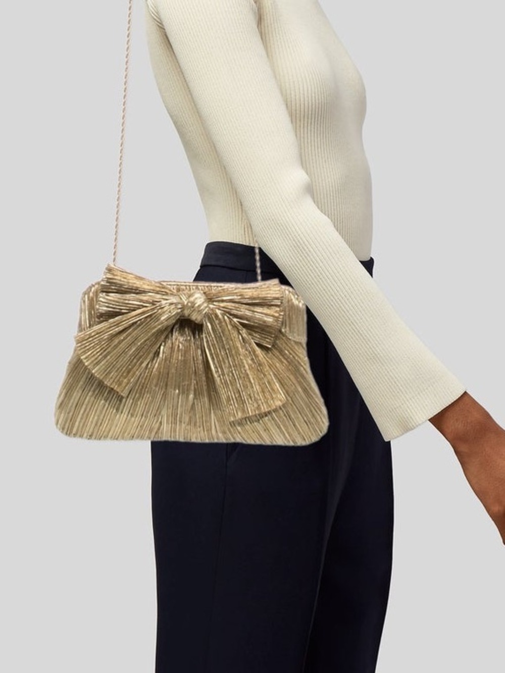 Loeffler Randall Rayne Gold Pleated Bow Clutch NWT